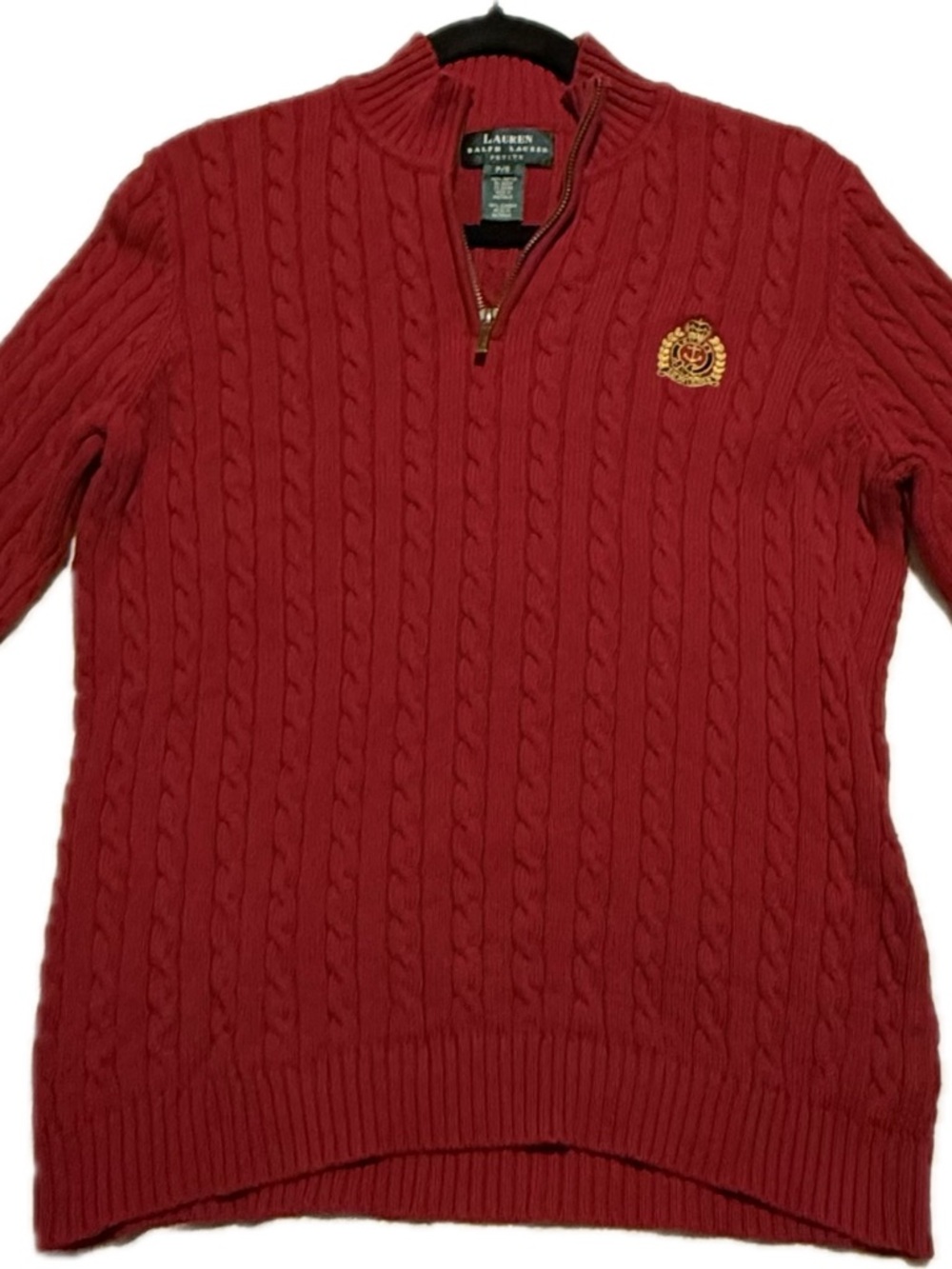 Women’s Ralph Lauren Red Cable-Knit Half-Zip Sweater with Crest Patch